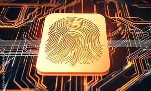 Cybersecurity Fingerprint: A glowing fingerprint icon rests on a circuit board, symbolizing digital security and biometric authentication.