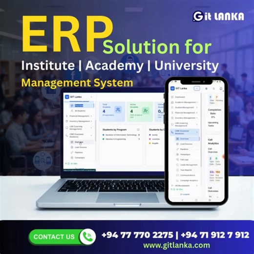 All-in-One ERP Solution for Educational Institutes Managing an institute doesn’t have to be complicated. GIT Lanka ERP is a complete Education Management System designed for institutes, academies, campuses, and universities. ✔ Academic & Student Management ✔ LMS (Online Learning Management) ✔ Finance, HR & Inventory Management ✔ CRM & User Management ✔ Mobile & Web Access ✔ Secure, Scalable & Easy to Use Reduce paperwork, save time, and manage everything from one smart dashboard. 📞 Contact us t