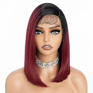 DÉBUT Side Part Lace Front Asymmetrical Wigs 13x4x0.5 Lace Frontal Long Bob Wig Pre-Plucked Natural Hairline with Baby Hair 12 Inch Shoulder Length Ombre 1B to Burgundy