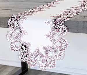 Mauve Rose Jacquard Peacock Tail European Lace Table Runner, Dresser Scarf (16Wx53L)