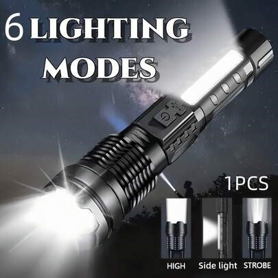 3/2/1 Pack Rechargeable Flashlight, High-Lumen Super Bright Flashlight, 6-Mode Zoomable Flashlight, COB Side Light, Powerful Handheld LED Flashlight, Suitable For Emergencies, Camping, Fishing, Hiking, Made Of ABS Material, High-Brightness Outdoor Light | SHEIN
