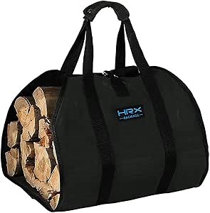 HRX Package Waxed Canvas Firewood Carrier, Water Resistant Log Tote Wood Carrying Bag with Handles for Camping Trip Christmas Gift (Black)
