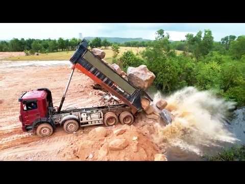 Awesome Mighty Dump Trucks Hard Work Transport & Dumping Massive Stones Filling in Lowland Area