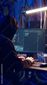 Vertical video Hacker uses PC to target vulnerable unpatched connections, seeking to compromise digital devices and steal valuable sensitive data. Rogue programmer finds exploits for system