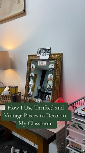 Vintage and Thrifted isn’t just for home. It’s perfect in a classroom, too. #thrifting #vintage #vintagevibes #classroomdecor #classroom #teacher #3rdgradeteacher #vintageteacher