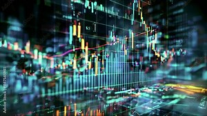 A concept illustrating stock market growth, business investing, and data, showcasing digital financial chart graphs, diagrams, and indicators from a perspective view on a dark blue blurry background.