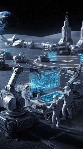 Humanity has taken its biggest leap yet — building the first airport station on the Moon! 🌕🚀 Advanced astronauts and futuristic machines are working together to construct a massive lunar spaceport under the watchful eye of Earth. Giant spacecraft land on glowing platforms while robotic arms assemble high-tech structures in low gravity. This cinematic sci-fi visualization shows the future of space travel, where the Moon becomes the next hub for interplanetary journeys. Inspired by real space in