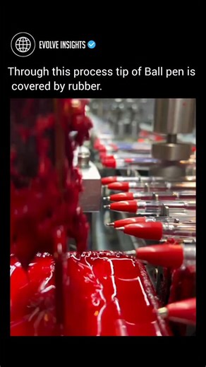 Evolve Insights on Instagram: "In factories, the ball-pen tip is usually coated using a liquid rubber compound 🖊️🧪. This material is often liquid silicone rubber (LSR) or latex-based rubber, chosen because it flows easily and forms a smooth, flexible cover. The pen tip is dipped or spray-coated into this liquid rubber, which then cures and solidifies through heat or air drying. During curing, the liquid polymer cross-links and turns into soft, elastic rubber. Once hardened, it creates a tight 
