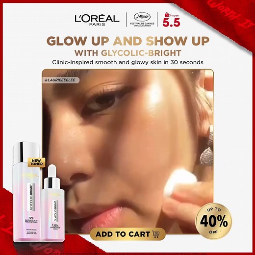 There's no denying that the best makeup base is beautiful, glowing skin. ✨ Achieve clinic-inspired glowy, smooth skin in 30 seconds with the L'Oreal Paris Glycolic-Bright Instant Glowing Serum and the NEW Glowing Peeling Toner. 朗 Enjoy UP TO 45% OFF this coming Shopee 5.5 Sale, plus a free canvas tote gift for every purchase. 懶 First 100 buyers only. Add to cart  https://bit.ly/415NK3n Terms and conditions apply. DOH-FDA-CCHUHSRR Permit No.: 0002 s. 2023 | L'Oréal Paris | Facebook