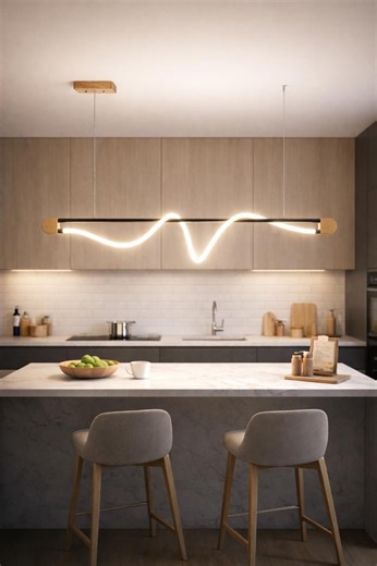 Copper Linear Wood Chandelier With Neon LED Tube,modern Dining Table Light,kitchen Island Pendant,contemporary Industrial Ceiling Lighting - Etsy