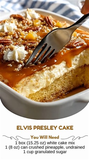 Elvis Presley Cake Ingredients: - 1 box (15.25 oz) white cake mix - 1 (8 oz) can crushed pineapple, undrained - 1 cup granulated sugar - 1/2 teaspoon vanilla extract - 8 oz cream cheese, softened - 1/2 cup (1 stick) unsalted butter, softened - 1 cup chopped pecans or walnuts (optional) Directions: 1. Preheat your oven and prepare the white cake according to the package directions in a 9x13 inch baking pan. 2. While the cake is still warm, combine the undrained crushed pineapple, granulated sugar