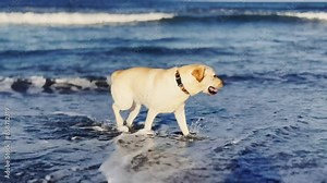 Young yellow Labrador Retriever playing at the beach