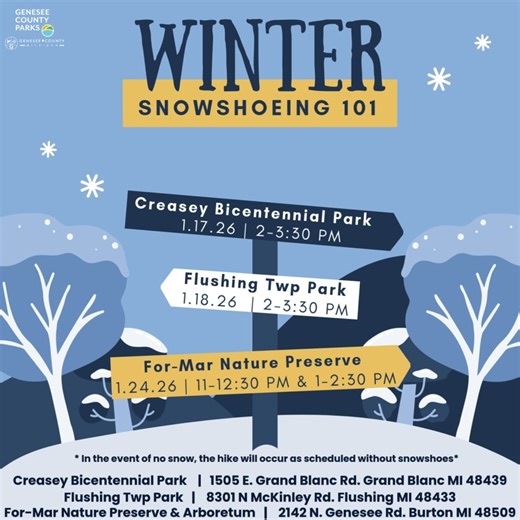 Join us for the last hike in our Snowshoeing 101 series! Embrace the spirit of the new year and try a new way to explore a favorite park by joining us for one of our Snowshoeing 101 programs! These guided experiences are offered for different age groups and introduce the history of snowshoes and the basics of how to use them. For-Mar will provide snowshoes to fit most participants, along with trekking poles. After learning the fundamentals, hit the trails on a guided hike just over one mile long