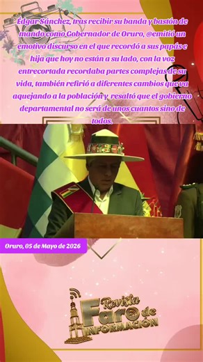 Édgar Sánchez, tras recibir su banda y bastón de mando como Gobernador de Oruro, @emitió un emotivo discurso en el que recordó a sus papás e hija que hoy no están a su lado, con la voz entrecortada recordaba partes complejas de su vida, también refirió a diferentes cambios que va aquejando a la población y resaltó que el gobierno departamental no será de unos cuantos sino de todos. #revistainformativafarodeinformacion #OruroBolivia #NoticiasdeHoy