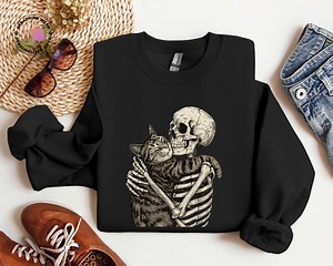 Kitty Skeleton Hugging Sweatshirt, Funny Sarcastic Animal Lover Gift, Cat Mom Fall Hoodie - Etsy