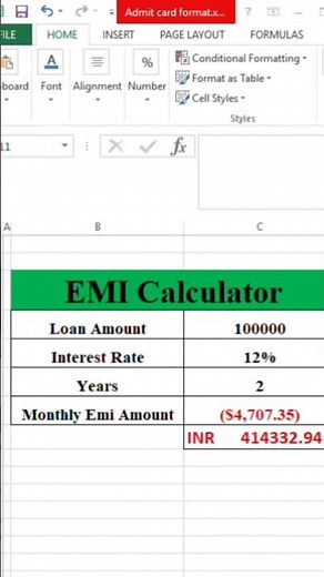 EMI Calculator in Excel. #ytshorts #computertechnic