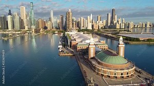 Beautiful aerial over of entire Navy Pier and Chicago skyline in morning light