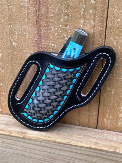 Leather Cowboy Knife Sheath: Classic Rope Basket Weave, Gift Box Blue Accents - Etsy