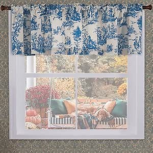 Blue Valance for Living Room Kitchen Window Curtains Over Sink,Floral French Country Vintage Chinoiserie Decor Cream Beige White Toile Rod Pocket Decorative Curtain Topper for Bathroom Bedroom,18 Long