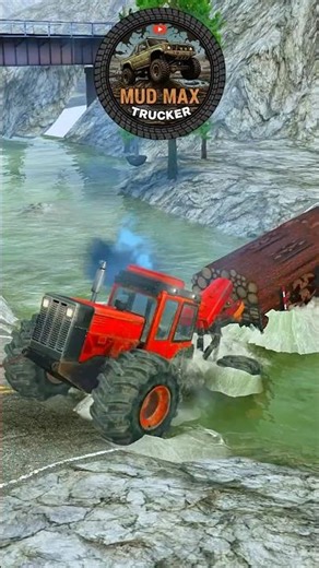 Spintires Mudrunner Truck #139 Logging Truck Red Forestry Skidder Driving into Deep River Current