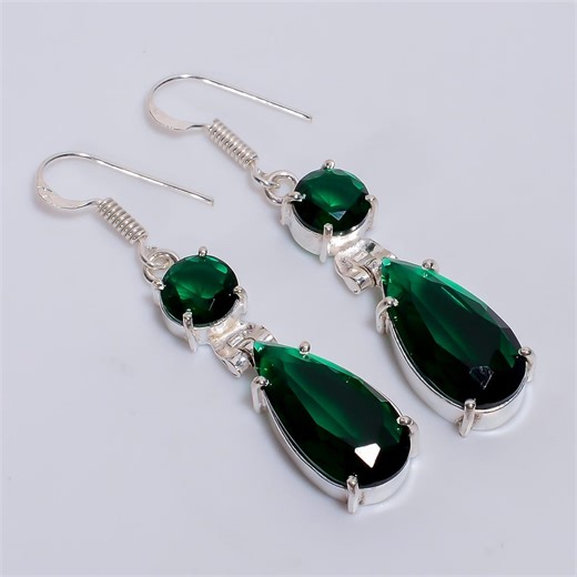 Emerald 925 Sterling Silver Drop Earrings, Round & Teardrop - Etsy UK
