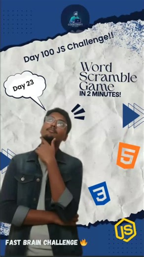 Codecraft by Syed on Instagram: "Day 23: Word Scramble in JSCan You Unscramble This? (IS Game) Day 23/100: Word Scramble- shuffle, guess, win. Built with HTML/CSS/JS. Comment your best time! JavaScript project ideas for beginners From sources across the web, To-do list project, Timer, Weather app, Chat app, Quiz app, Quote generator, Clock, Grocery list, Rock paper scissors, Calculator, Drum Kit, Form validation, Guess the word, Hex color application, Movie app, Amazon clone, BMI calculator, Exp
