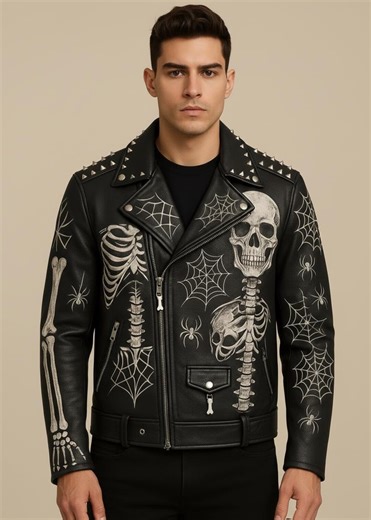 Handmade Skull Print Leather Biker Jacket: Studded Punk Rock Style - Etsy Australia