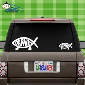 Darwin Fish Evolution Vinyl Decal Sticker Bumper Cling for Car Truck Window Laptop Wall Cooler Tumbler | Die-Cut/No Background | Multi Sizes/Colors | by Car Decal Geek-White, 14"