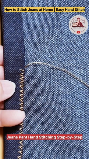 How to Stitch Jeans at Home | Easy Hand Stitch #shortsfeed #ytshorts #sewing ‪@Rseesadesign‬