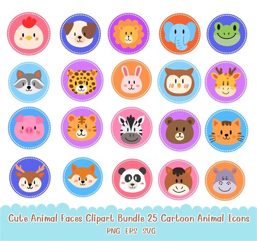 Cute Animal Faces 25 Clipart Bundle | Cartoon Animal Icons PNG SVG EPS | Baby Zoo Farm Animals for Kids Crafts - Etsy