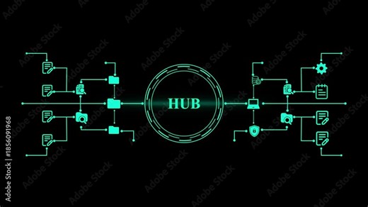 Digital Hub Network Diagram with Icons data technology– Modern Data Communication Network Technology Concept
