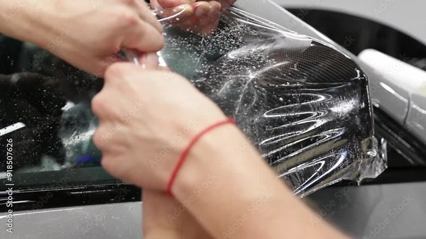 The process of installing PPF on the side mirror. PPF is a protective film for paint that protects the paint from scratches and gravel.Anti-gravity protection. Car wrapping close-up.