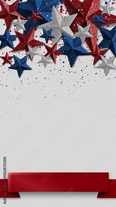 Patriotic American vertical animated video background. USA Red, white, blue, stars and confetti animation accents. Motion backdrop ready for Inauguration, Presidents, Veterans, Memorial, July 4th