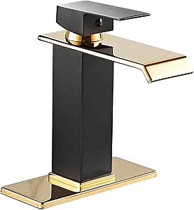 Black Bathroom Faucet Gold Waterfall One Handle 1-3 Hole Lavatory Vanity Sink Faucet with Water Supply Hose Deck Mount Commercial