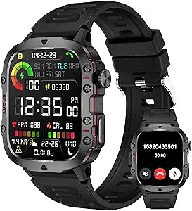 Military Smart Watches for Men 1.96" HD Screen Tactical Smartwatch with Bluetooth Call Compatible with iPhone Android Phones, Rugged Fitness Tracker with Heart Rate Sleep Monitor 100+ Sports Modes
