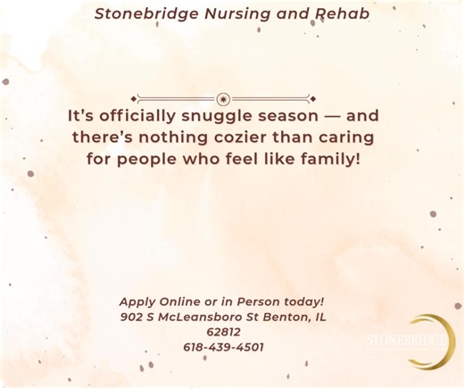our nurses bring warmth and compassion to every shift. From comforting words to cozy smiles, you’ll make every resident feel cared for — and you’ll feel supported every step of the way. Wrap yourself in a career filled with kindness and connection. Apply now and join our cozy community of caregivers! Nurses: https://www.indeed.com/viewjob?jk=2d8bcf2c1d929801&from=shareddesktop_copy CNAs: https://www.indeed.com/viewjob?jk=3e7d2d4218465bde&from=shareddesktop_copy | StoneBridge Nursing & Rehabilita