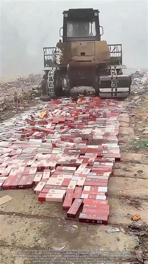 Tracked Machine Crushes Rows Of Defective Cigarettes