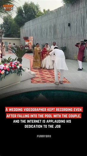 Funnybr0 on Instagram: "wedding couple’s grand entry took an unexpected turn when they slipped and fell into a pool—but the cameraman never stopped filming. While guests gasped, he kept rolling as the drenched newlyweds climbed out and continued to the stage. The clip has gone viral, with viewers calling him a true professional who proved the show must go on. 🎥: IG/ @studioflashfolks"
