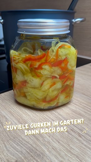 Heute gibt’s was aus dem Vorratsglas: Curcumagurken! 💛 Wenn der Garten mehr Gurken ausspuckt, als du essen kannst – einfach einmachen! Süß-sauer, würzig und mit einem Hauch Curcuma – perfekt zu Gegrilltem, aufs Brot oder einfach pur aus dem Glas. 🥒 Rezept für ca. 8–10 kleine Gläser: 2,5–3 kg Gurken 4 rote Paprika 4 Zwiebeln 4 EL Salz 900 ml Essig 450 g Zucker 1 EL Senfkörner ½ TL Curcuma 1 EL Dill 🥣 So geht’s: Gurken schälen und zusammen mit Paprika und Zwiebeln dünn hobeln – Gurken in Scheib