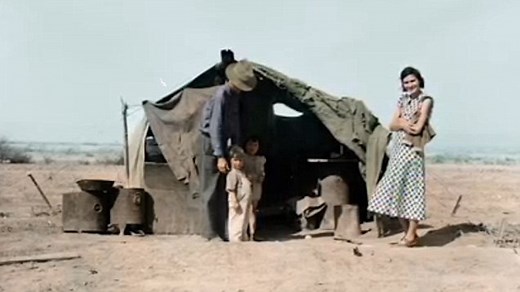 Newly colourised photos show Dust Bowl refugees living in shacks