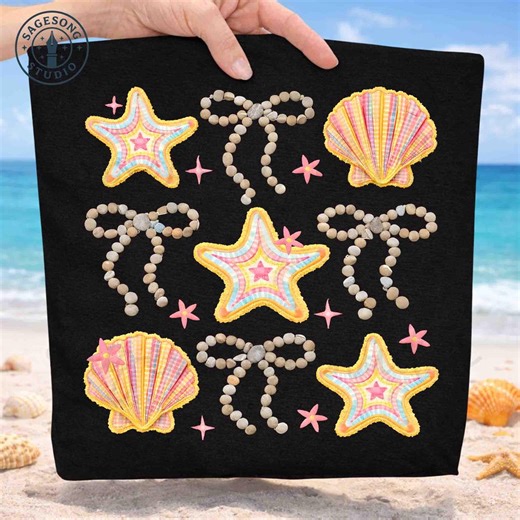 Faux Quilted Summer Clam Png, Cottagecore Seashell Pebble Bow, Starfish Summer, Summer Break Png, Beach Ocean, Salty Soul, Coastal Patchwork - Etsy