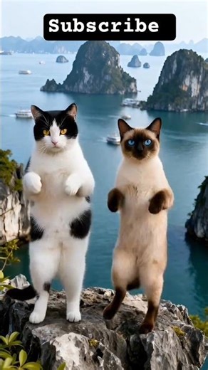 Two cats dancing in Ha Long Bay like world travelers 🙀⏰#funnycats #meow #shortsfeed#catshorts#trend