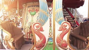 4K Traditional Fairground Vintage Carousel in the Park. Merry-go-round with horses. Stock Video