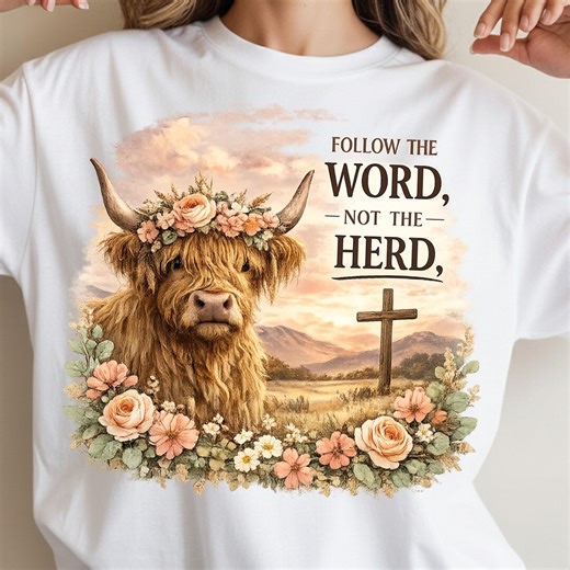Follow the Word Not the Herd PNG, Christian Sublimation Design, Vintage Bible Verse DTF, Highland Cow Western Boho Shirt, Digital Download - Etsy