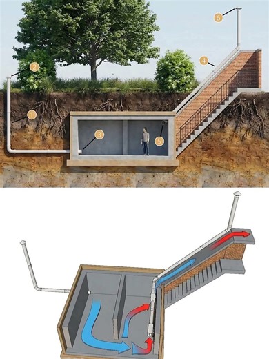 1. TOP PANEL: SYSTEM LAYOUT (CROSS-SECTION) This diagram illustrates the physical installation of the ventilation components relative to the ground level and the underground structure. • ① Intake Pipe (Low): A vertical pipe buried in the soil that pulls air from the surface. • ② Intake Vent Cap: The external entry point for fresh air, elevated above the ground to prevent debris or water from entering. • ③ Internal Intake Port: Where the fresh air enters the lower portion of the room. • ④ Exhaust