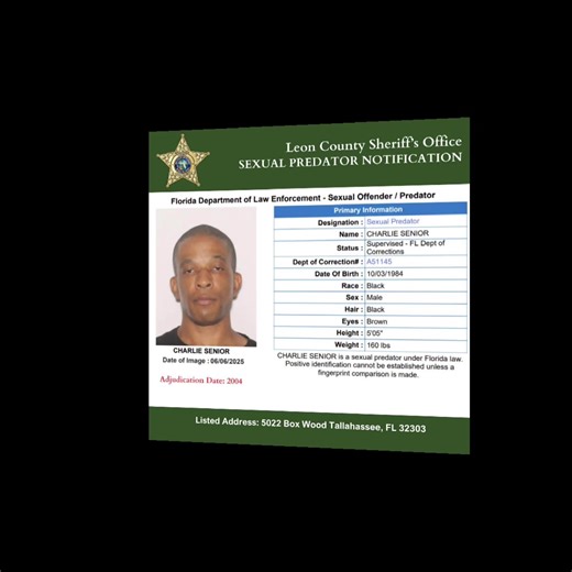 Notificación sobre Depredador Sexual en Tallahassee