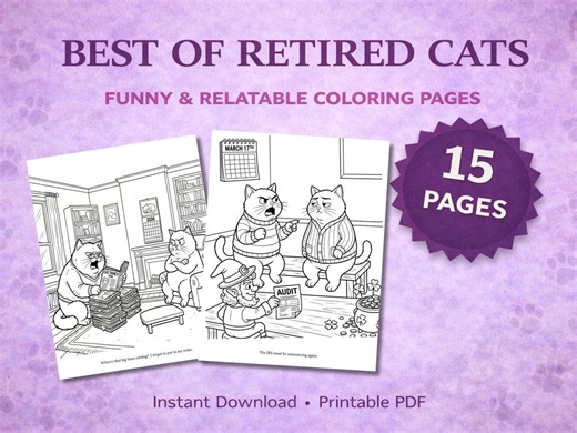 Funny Cat Coloring Pages for Adults – Best of Retired Cats Printable PDF (15 Pages)