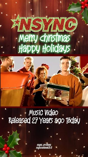 *NSYNC_Archives - A JC Chasez 💖 - *NSYNC ⭐️ - PWF 🧡 Fan Page ✨️ on Instagram: "27 years since NSYNC'S Merry Christmas, Happy Holidays music video release on TRL & it still instantly transports us back to peak holiday magic: VHS vibes, matching outfits, and believing December was the best month of the year. Some traditions never fade. It’s iconic 🎄🎁 Happy 27th Anniversary to this Music Video from the Home For Christmas Music Album!✨️ Which music video of this classic do you prefer?⤵️ #Nsync #
