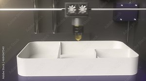 3D printer during manufacturing process. Modern technologies and automation of work processes. CNC machine. Moving robotic arm creates objects. 3D rendered animated graphics