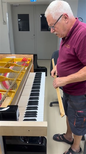 Today in Piano-Making 🎹✨ Our master craftsman, who has been with us for 37 years, is carefully regulating the height of the white keys on a concert grand piano. This process ensures that every key sits at the perfect level, giving the pianist both comfort and precision. It’s one of the many detailed steps that guarantee the legendary touch and responsiveness of an Estonia piano. Tradition, craftsmanship, and patience – all coming together in every instrument we create. #EstoniaPiano #PianoMakin